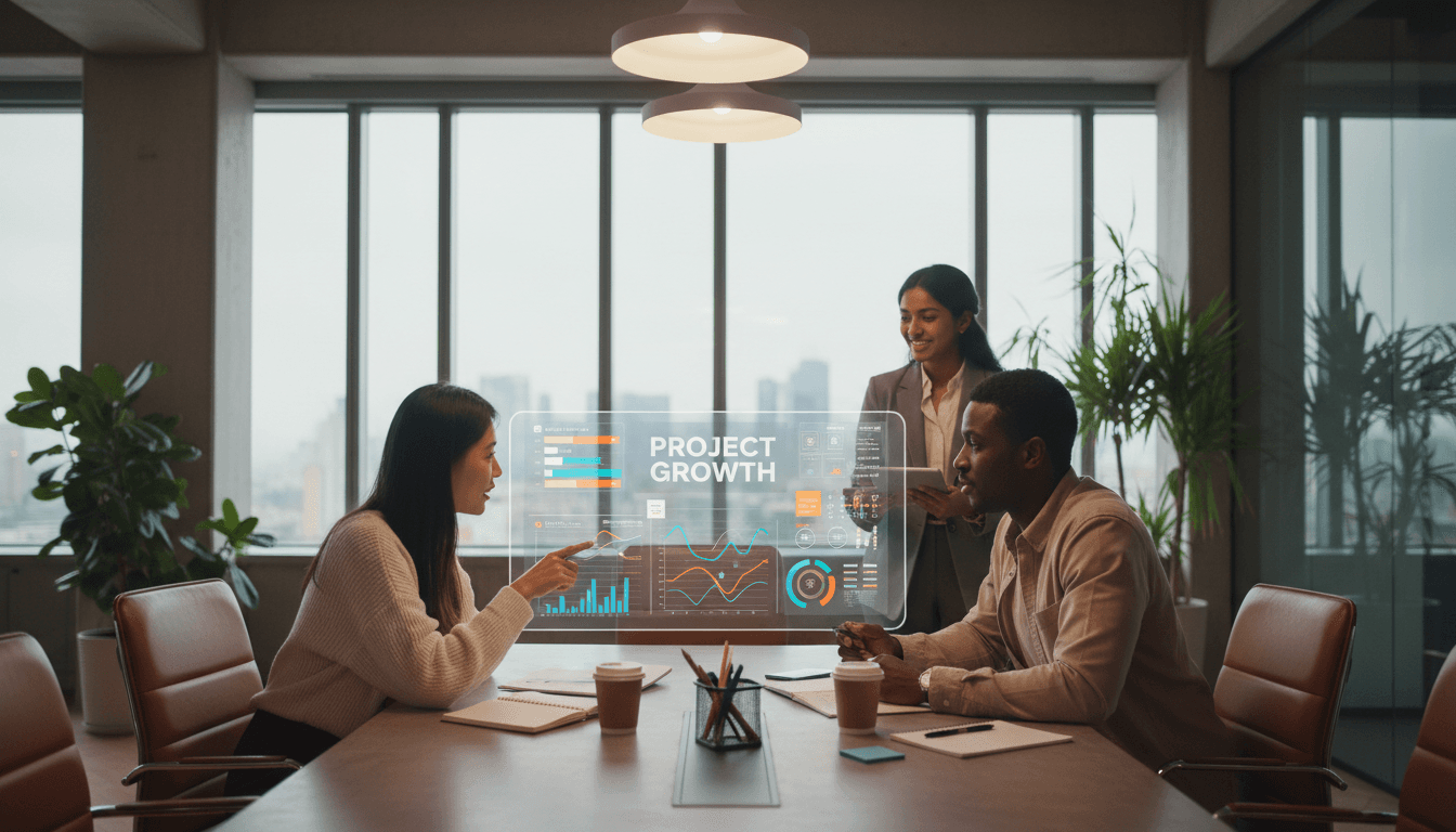 Team members collaborating on marketing strategy