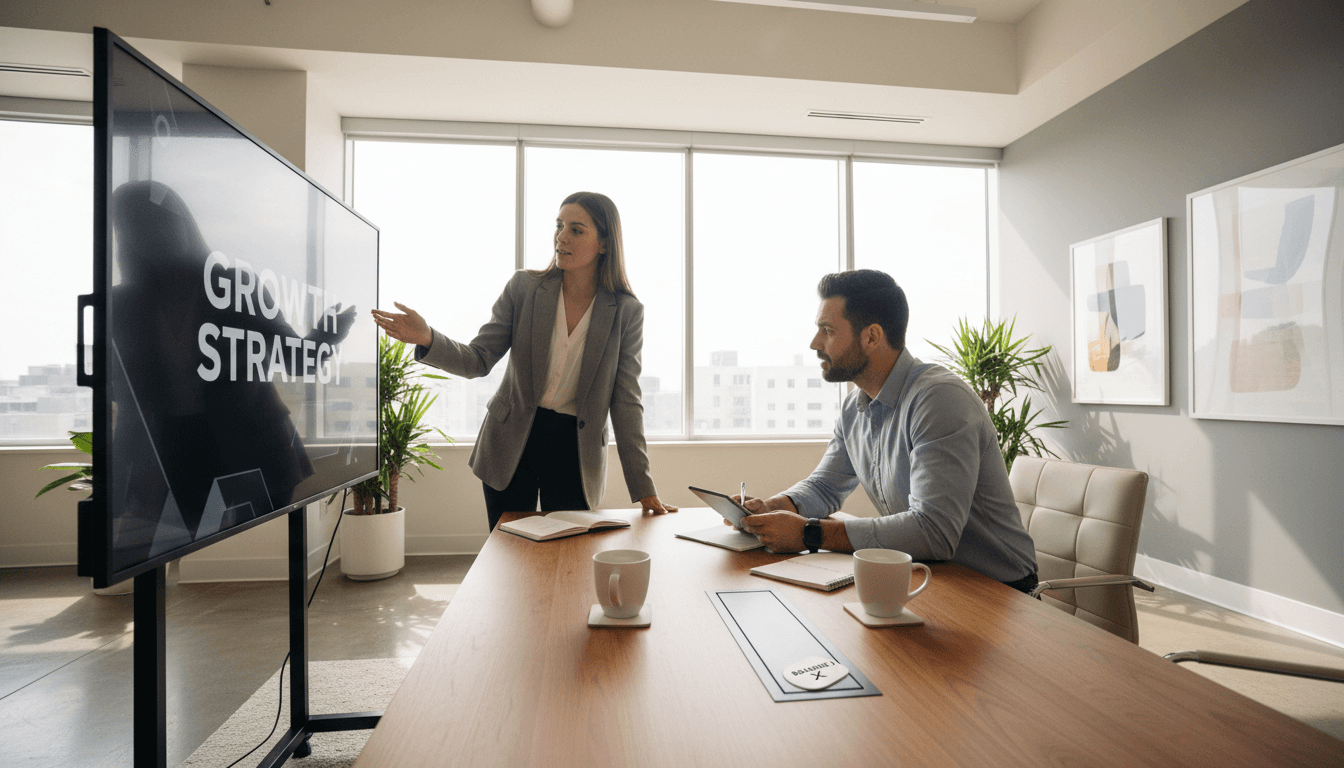 Brand strategist collaborating with client on marketing campaign