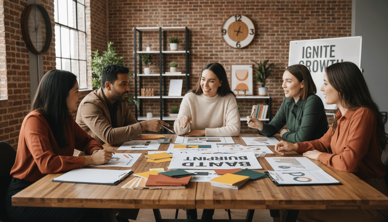 Brand strategy session with marketing team reviewing campaign concepts